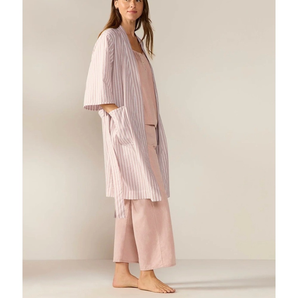 Coyuchi Organic Cotton Striped Robe Pink Cream Wrap Belted Loungewear Large